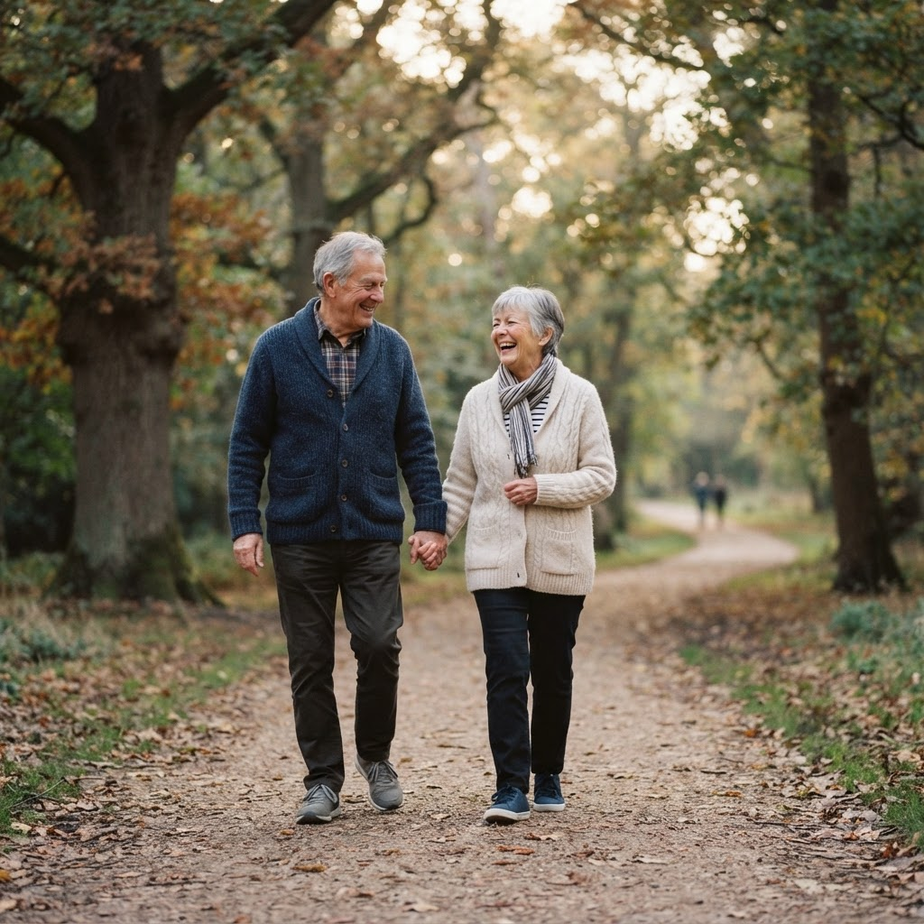 Dos adultos mayores caminando juntos por un sendero arbolado de un parque por la mañana